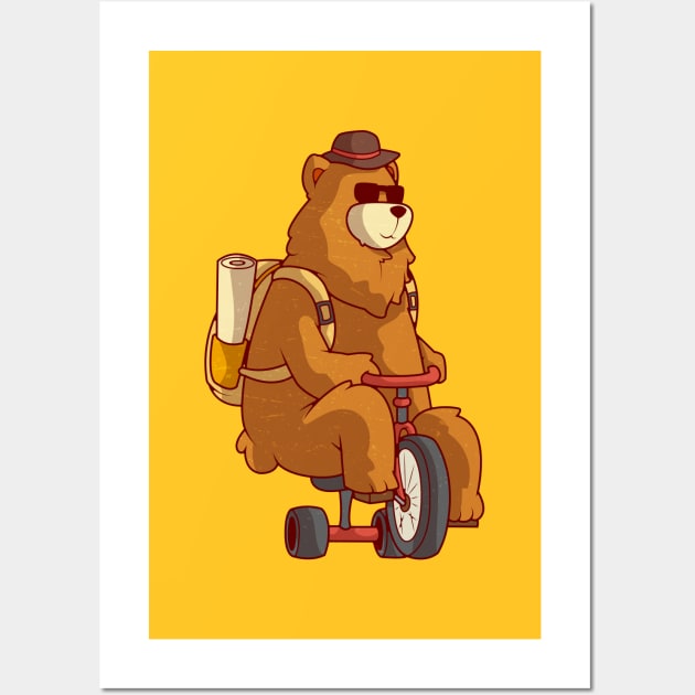 Cute Bear Adventuring with Bicycle, Vintage Retro Style Wall Art by BoyOdachi